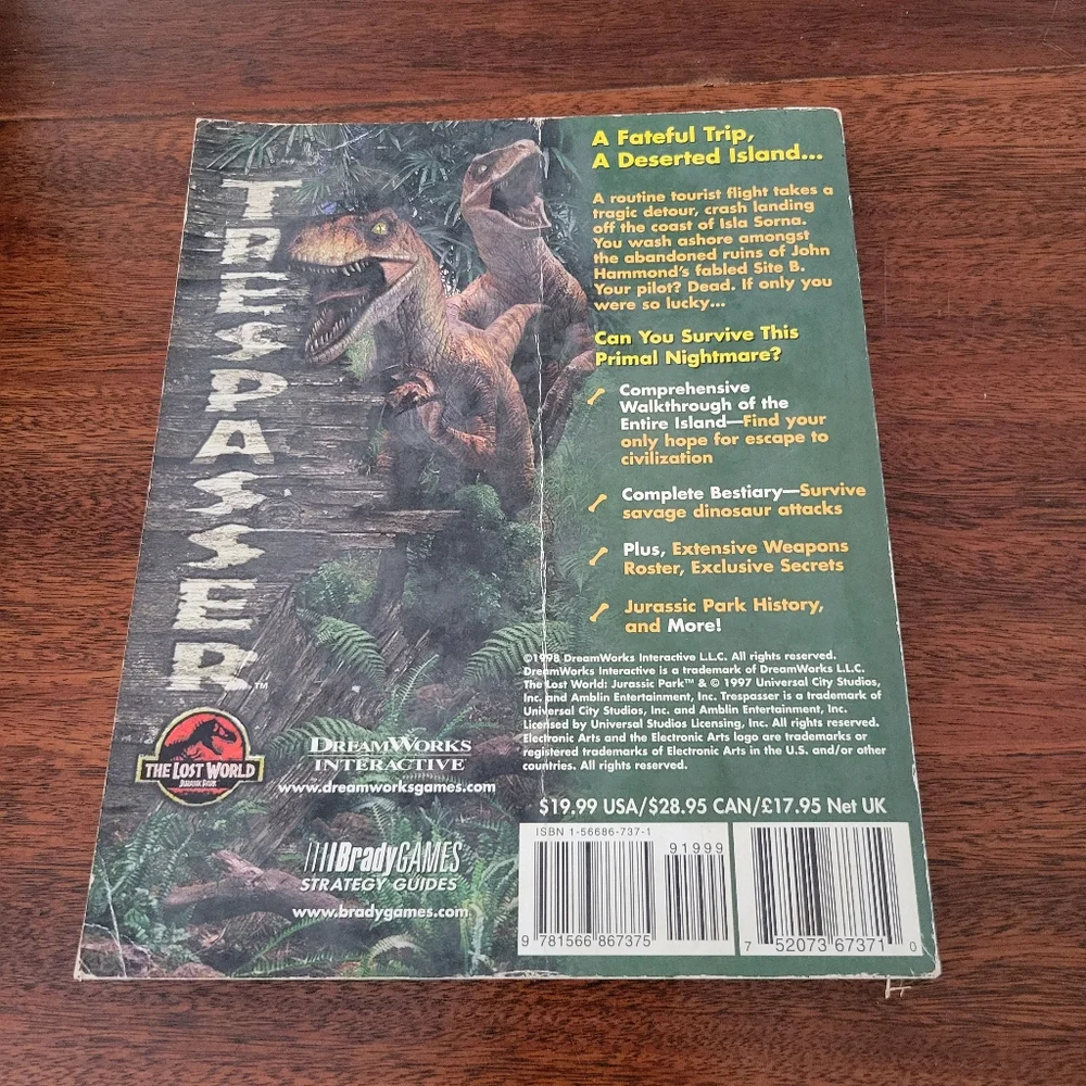 Jurassic Park Trespasser The Lost World Brady Games Guide For PC CDROM Paperback